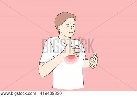 Breathing Problem And Coronavirus Concept. .sick Man With Chest Pain Touching Inflammated Zone Suffe