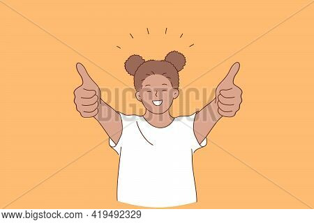 Happiness, Happy Childhood, Positive Emotion Concept. Smiling Cheerful Girl African American Standin