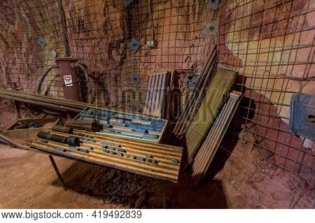 Tennant Creek, Australia - Aug 2019: Drill Bits Of Battery Hill Gold Mine. Old Museum Underground Of