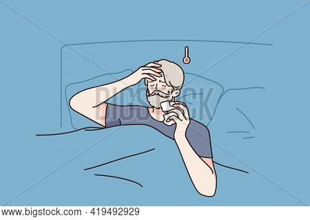 Feeling Sick And Fever Concept. Aged Sick Man Cartoon Character Staying In Bed With Headache And Hig