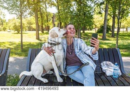 Young Beautiful Woman Sitting With Her Pet Dog A Golden Labrador Retriever On A Bench Wants To Take 