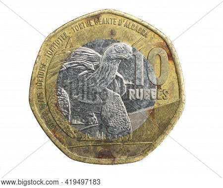 Seychelles Ten Rupees Coin On A White Isolated Background