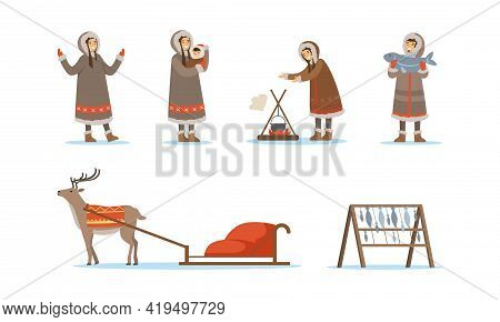 Eskimo Characters In Traditional Clothing And Arctic Animals Vector Set