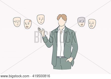 Choosing Mood, Self Identity Concept. Businessman Without Face Standing And Choosing Right Mask To W