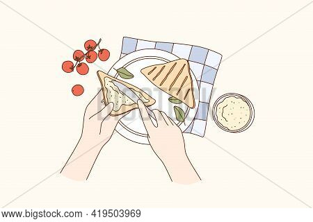 Cooking, Food Preparation, Breakfast Concept. Human Hands Making Sandwich With Cherry Tomato Cream C