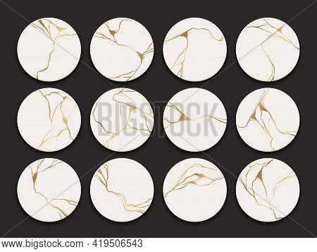 Set Of Circle Gold Kintsugi Patterns. Japanese Art Of Repairing Broken Pottery. Vector Broken And Cr