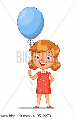 Happy Children's Day. Cute Little Girl With Blue Balloon, Cheerful Cartoon Character. Stock Vector I