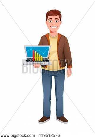 Handsome Business Man Holding Laptop. Young Businessman Cartoon Character In Flat Style. Stock Vecto