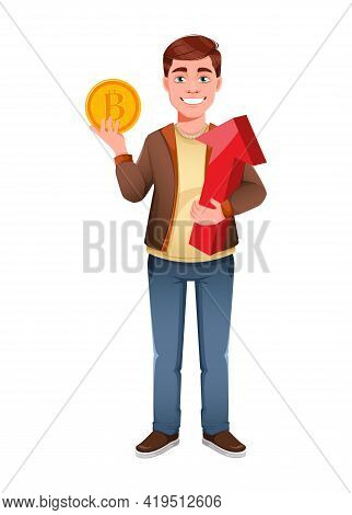 Handsome Business Man Holding Bitcoin And Red Arrow. Young Businessman Cartoon Character In Flat Sty