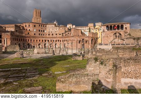Beautiful View Of Rome In Italy. Ancient Historical Ruins, Famous Monuments, Alley's And Streets.
