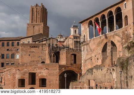 Beautiful View Of Rome In Italy. Ancient Historical Ruins, Famous Monuments, Alley's And Streets.