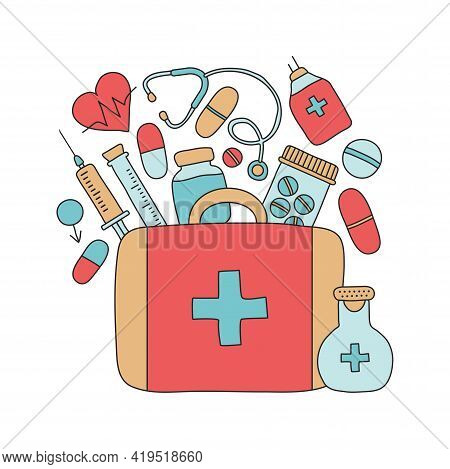 First Aid Kit With Drugs Vector Hand Drawn, Medical Box, Emergency Suitcase, Doctor Tools Isolated O