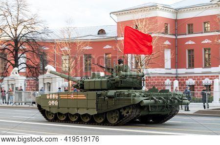 April 30, 2021 Moscow, Russia. Russian T-72b3 Main Battle Tank On Tverskaya Street In Moscow.