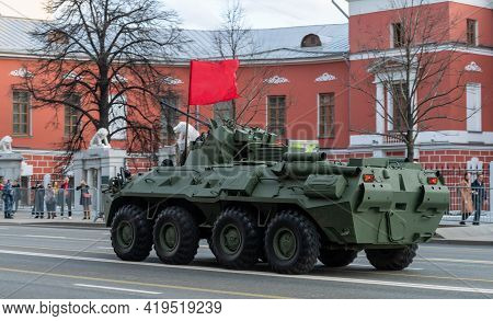 April 30, 2021 Moscow, Russia. Russian Armored Personnel Carrier Btr-82a On Tverskaya Street In Mosc