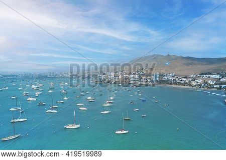 Aerial View Of The Bay, Marina And Buildings Of Ancon - Lima, Peru; Summer Area, The Beach And Some 