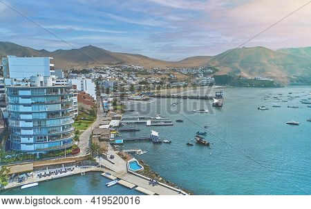 Aerial View Of The Bay, Marina And Buildings Of Ancon - Lima, Peru; Summer Area, The Beach And Some 