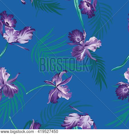 Blue And Purple Tropical Orchids Seamless Vector Repeat Pattern. Vector Illustration