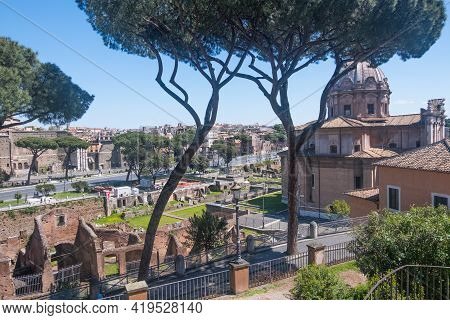 Beautiful View Of Rome In Italy. Ancient Historical Ruins, Famous Monuments, Alley's And Streets.