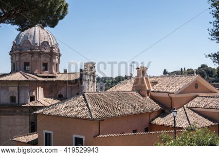 Beautiful View Of Rome In Italy. Ancient Historical Ruins, Famous Monuments, Alley's And Streets.