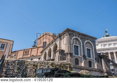 Beautiful View Of Rome In Italy. Ancient Historical Ruins, Famous Monuments, Alley's And Streets.