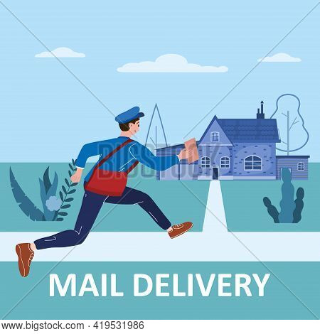 Postman Running With Bag Delivering Letter In Envelope For House To Address. Mailman In Uniform Carr
