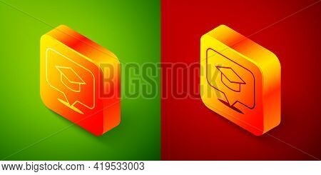 Isometric Graduation Cap In Speech Bubble Icon Isolated On Green And Red Background. Graduation Hat 