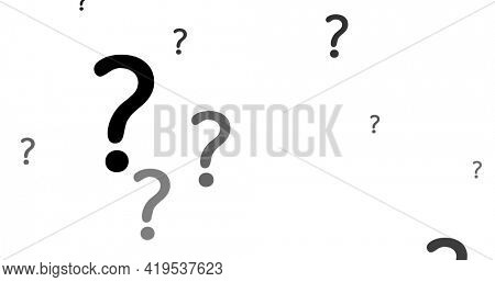 Illustration of multiple black and grey question marks on white background. unknown, interpunction and punctuation marks concept digitally generated image.