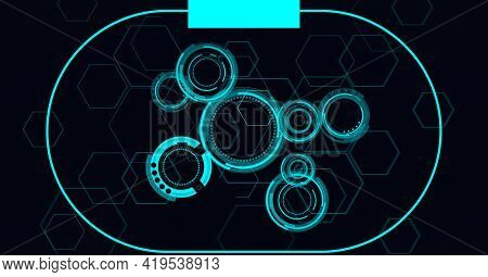 Animation of scopes scanning and hexagons on black background. global technology and digital interface concept digitally generated image.