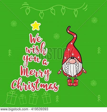 Beautiful Christmas Card With Gnom. Merry Christmas. Postcard For Printing. Vector Illustration.