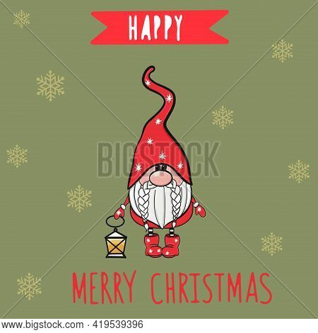 Beautiful Christmas Card With Gnom. Merry Christmas. Postcard For Printing. Vector Illustration.