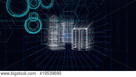 Animation of scopes scanning and hexagons on black background. global technology and digital interface concept digitally generated image.