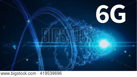 Composition of 6g text over glowing blue light trails on blue background. global networks, technology and digital interface concept digitally generated image.