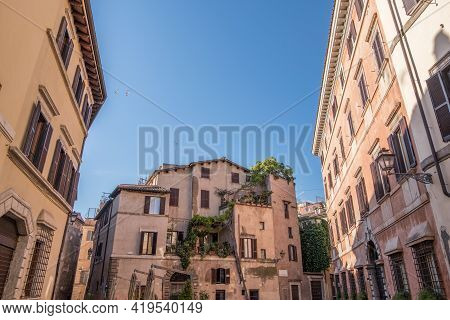 Beautiful View Of Rome In Italy. Ancient Historical Ruins, Famous Monuments, Alley's And Streets.