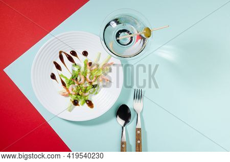 Elegant Food In Trend Color Style - Green Salad With Shrimps And Cocktail Decorated Green Olive With