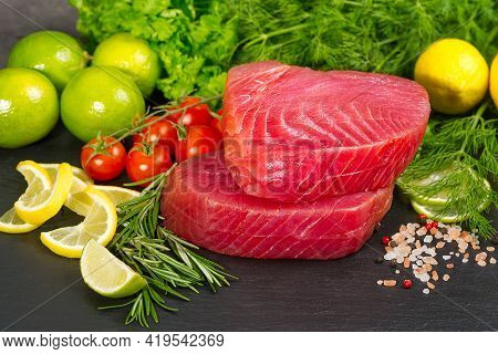 Tuna Raw Steak, Tuna Sashimi, Tuna Fish Sliced With Vegetables. Healthy Eating With Seafood, We Cook