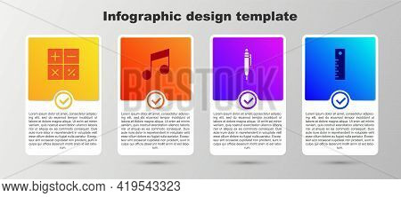 Set Calculator, Music Note, Tone, Pen And Ruler. Business Infographic Template. Vector