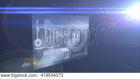 Animation of data processing on screen with blue light trails on blue background. global technology and digital interface concept digitally generated image.
