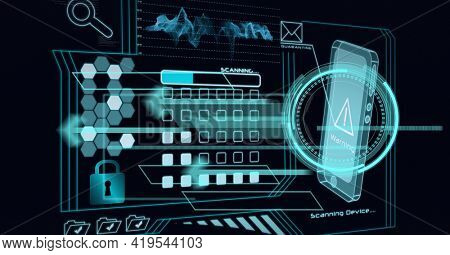 Animation of data processing and smartphone screen on black background. global technology and digital interface concept digitally generated image.