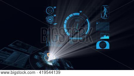 Composition of dna strand, human model, medical data processing and scopes scanning on black. global medicine, science, research, technology and digital interface concept digitally generated image.