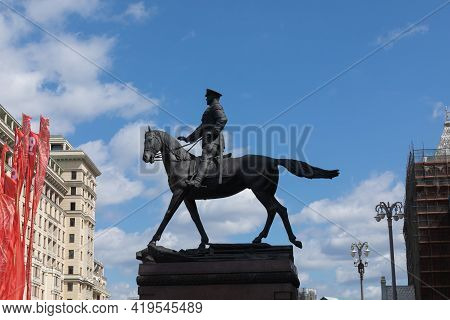 May 5, 2021, Russia, Moscow, Red Square. Monument To The Warlord Shchukov On Horseback Against Red F