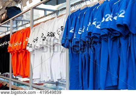 Trieste, Italy - October, 08: Promotional T-shirts Of The Barcolana Regatta On Hangers On October 08