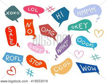 Bubble talk phrases. Collection of colorful speech clouds for online chat messages with text. Isolated abstract dialogue reactions in comic design.  cartoon communication tags