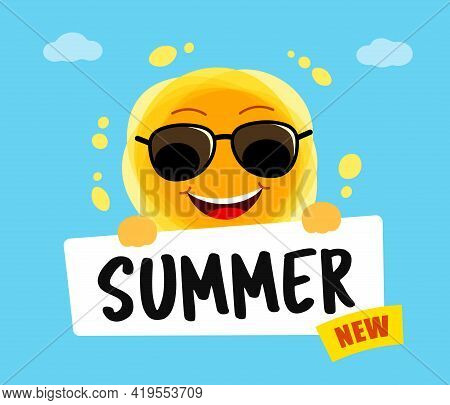 Funny Sun With Text Summer New. Yellow Cute Sunshine Cartoon Character.