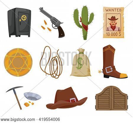 Collection of wild west flat icons. Accessories and objects game or app ui icon. Cowboy hat, sheriff star badge, wanted reward poster, saloon wooden gate