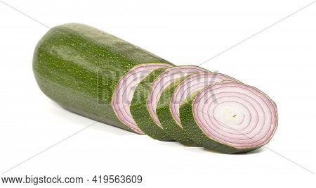 Sliced Zucchini Onion In A Zucchini - Weird Vegetables - Isolated On White