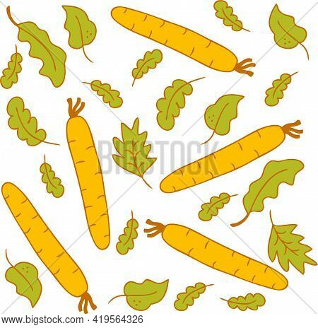 Vector Pattern In Delicate Summer Colors, Vegetables Carrots And Salad Lettuce Leaves