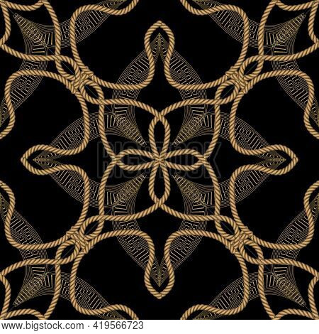 Ropes Seamless Pattern. Modern Ornamental Vector Greek Background. Repeat Floral Gold Strings Orname