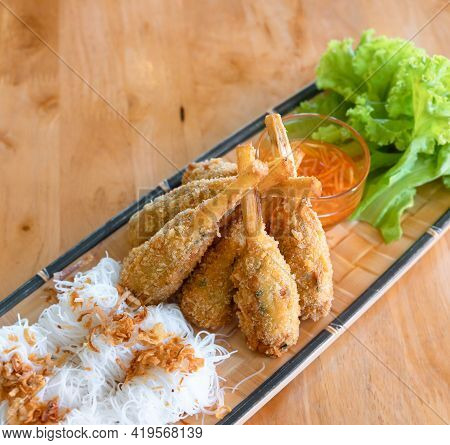 Fried Shrimp With Sugar Cane (chao Tom) Served With Rice Vermicelli And Sweet Sauce, Vietnamese Food