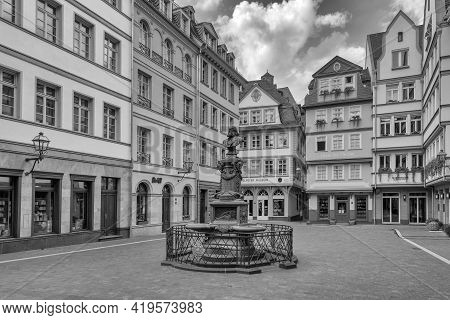 Stoltze Fountain At The Chicken Market In The Reconstructed Historic Old Town, Frankfurt, Germany