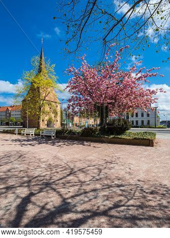 Springtime With Historical Buildings In The City Rostock, Germany.